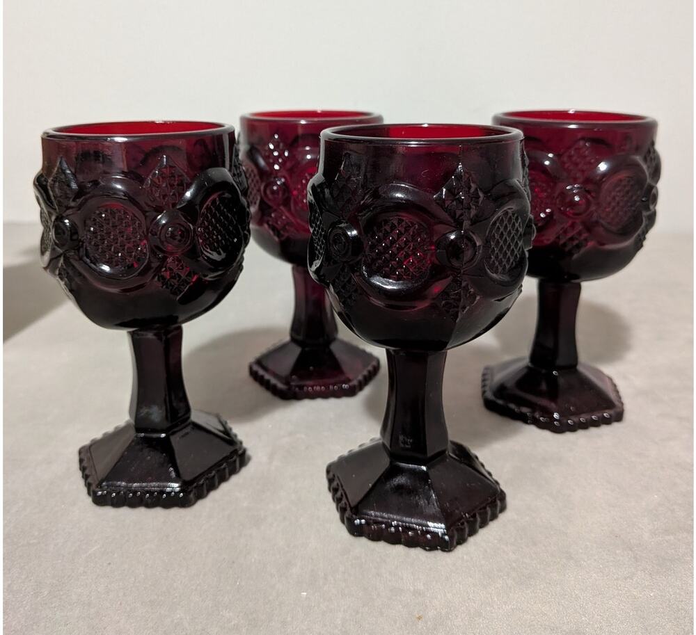 Vintage Avon 1876 Cape Cod Ruby Red Wine Goblets Set of 4 In Boxes (1 Candle)